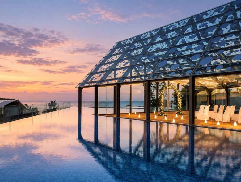 Bale Banjar MICE Venue overlooking Jimbaran Bay at sunset