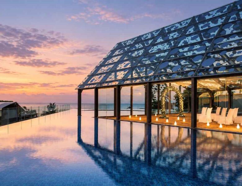 Bale Banjar MICE Venue overlooking Jimbaran Bay at sunset